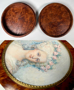 Large Fine Portrait Miniature of Princess Lamballe Tops a Burl Wood Powder Jar, Dates Late 19th Century