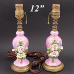Lovely Vintage 12" Boudoir Lamp PAIR, Pink with Applied Porcelain Flowers, Both WORK!