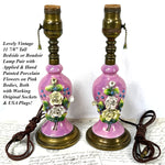 Lovely Vintage 12" Boudoir Lamp PAIR, Pink with Applied Porcelain Flowers, Both WORK!