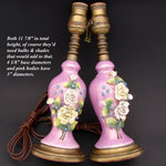 Lovely Vintage 12" Boudoir Lamp PAIR, Pink with Applied Porcelain Flowers, Both WORK!