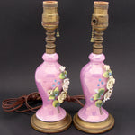 Lovely Vintage 12" Boudoir Lamp PAIR, Pink with Applied Porcelain Flowers, Both WORK!