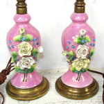 Lovely Vintage 12" Boudoir Lamp PAIR, Pink with Applied Porcelain Flowers, Both WORK!