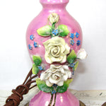 Lovely Vintage 12" Boudoir Lamp PAIR, Pink with Applied Porcelain Flowers, Both WORK!