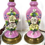 Lovely Vintage 12" Boudoir Lamp PAIR, Pink with Applied Porcelain Flowers, Both WORK!