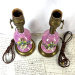 Lovely Vintage 12" Boudoir Lamp PAIR, Pink with Applied Porcelain Flowers, Both WORK!