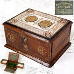 Antique French "Servan" Marked Gilt Embossed Leather Jewelry Box with Engraved Top & Figural Medallions