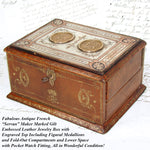 Antique French "Servan" Marked Gilt Embossed Leather Jewelry Box with Engraved Top & Figural Medallions