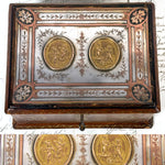 Antique French "Servan" Marked Gilt Embossed Leather Jewelry Box with Engraved Top & Figural Medallions
