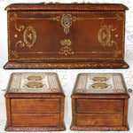 Antique French "Servan" Marked Gilt Embossed Leather Jewelry Box with Engraved Top & Figural Medallions