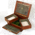Antique French "Servan" Marked Gilt Embossed Leather Jewelry Box with Engraved Top & Figural Medallions