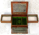 Antique French "Servan" Marked Gilt Embossed Leather Jewelry Box with Engraved Top & Figural Medallions