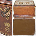 Antique French "Servan" Marked Gilt Embossed Leather Jewelry Box with Engraved Top & Figural Medallions