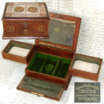 Antique French "Servan" Marked Gilt Embossed Leather Jewelry Box with Engraved Top & Figural Medallions