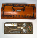 Antique French Palais Royal Sewing Box, Mother of Pearl w 18k Pansy Plaque, Perfume, Silk Winder Snowflakes