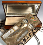 Antique French Palais Royal Sewing Box, Mother of Pearl w 18k Pansy Plaque, Perfume, Silk Winder Snowflakes