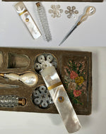 Antique French Palais Royal Sewing Box, Mother of Pearl w 18k Pansy Plaque, Perfume, Silk Winder Snowflakes