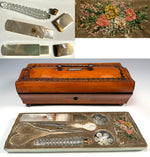 Antique French Palais Royal Sewing Box, Mother of Pearl w 18k Pansy Plaque, Perfume, Silk Winder Snowflakes