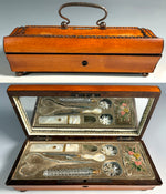 Antique French Palais Royal Sewing Box, Mother of Pearl w 18k Pansy Plaque, Perfume, Silk Winder Snowflakes