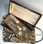 Antique French Palais Royal Sewing Box, Mother of Pearl w 18k Pansy Plaque, Perfume, Silk Winder Snowflakes