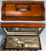Antique French Palais Royal Sewing Box, Mother of Pearl w 18k Pansy Plaque, Perfume, Silk Winder Snowflakes