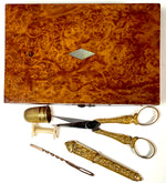 Rare c.1809 Napoleon Era French Empire Burl Sewing Nécessaire, 14k on Silver, Faiceau Poiçon