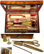 Rare c.1809 Napoleon Era French Empire Burl Sewing Nécessaire, 14k on Silver, Faiceau Poiçon