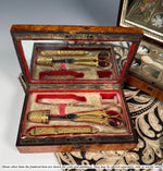 Rare c.1809 Napoleon Era French Empire Burl Sewing Nécessaire, 14k on Silver, Faiceau Poiçon