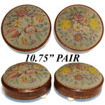 Rare Matched PAIR Antique Victorian Needlepoint 11" Footstools, Floral & Marquetry