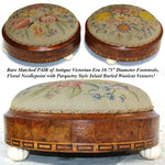 Rare Matched PAIR Antique Victorian Needlepoint 11" Footstools, Floral & Marquetry