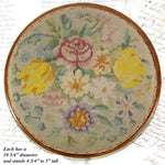 Rare Matched PAIR Antique Victorian Needlepoint 11" Footstools, Floral & Marquetry