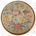 Rare Matched PAIR Antique Victorian Needlepoint 11" Footstools, Floral & Marquetry