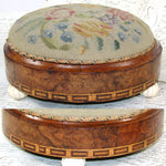 Rare Matched PAIR Antique Victorian Needlepoint 11" Footstools, Floral & Marquetry