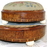 Rare Matched PAIR Antique Victorian Needlepoint 11" Footstools, Floral & Marquetry