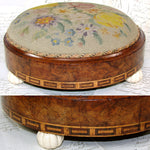 Rare Matched PAIR Antique Victorian Needlepoint 11" Footstools, Floral & Marquetry