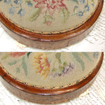 Rare Matched PAIR Antique Victorian Needlepoint 11" Footstools, Floral & Marquetry