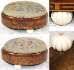 Rare Matched PAIR Antique Victorian Needlepoint 11" Footstools, Floral & Marquetry