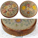 Rare Matched PAIR Antique Victorian Needlepoint 11" Footstools, Floral & Marquetry