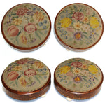 Rare Matched PAIR Antique Victorian Needlepoint 11" Footstools, Floral & Marquetry