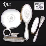 Antique American Sterling Silver 5pc Vanity Set: Hand Mirror, Nail Buffer & Tray, 2 Brusshes +