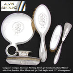 Antique American Sterling Silver 5pc Vanity Set: Hand Mirror, Nail Buffer & Tray, 2 Brusshes +