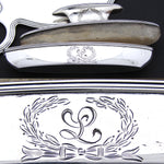 Antique American Sterling Silver 5pc Vanity Set: Hand Mirror, Nail Buffer & Tray, 2 Brusshes +