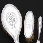 Antique American Sterling Silver 5pc Vanity Set: Hand Mirror, Nail Buffer & Tray, 2 Brusshes +