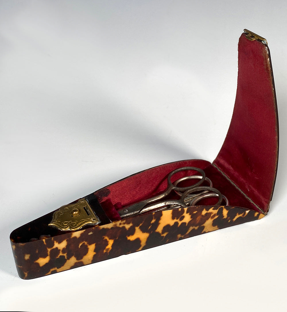 RARE Antique Victorian English Tortoise Shell Scissors Case, Etui, EC w 2 Paris Scissors