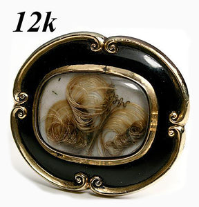 Antique Victorian 12K Gold Mourning Brooch, Black Enamel & Blond Hair Art