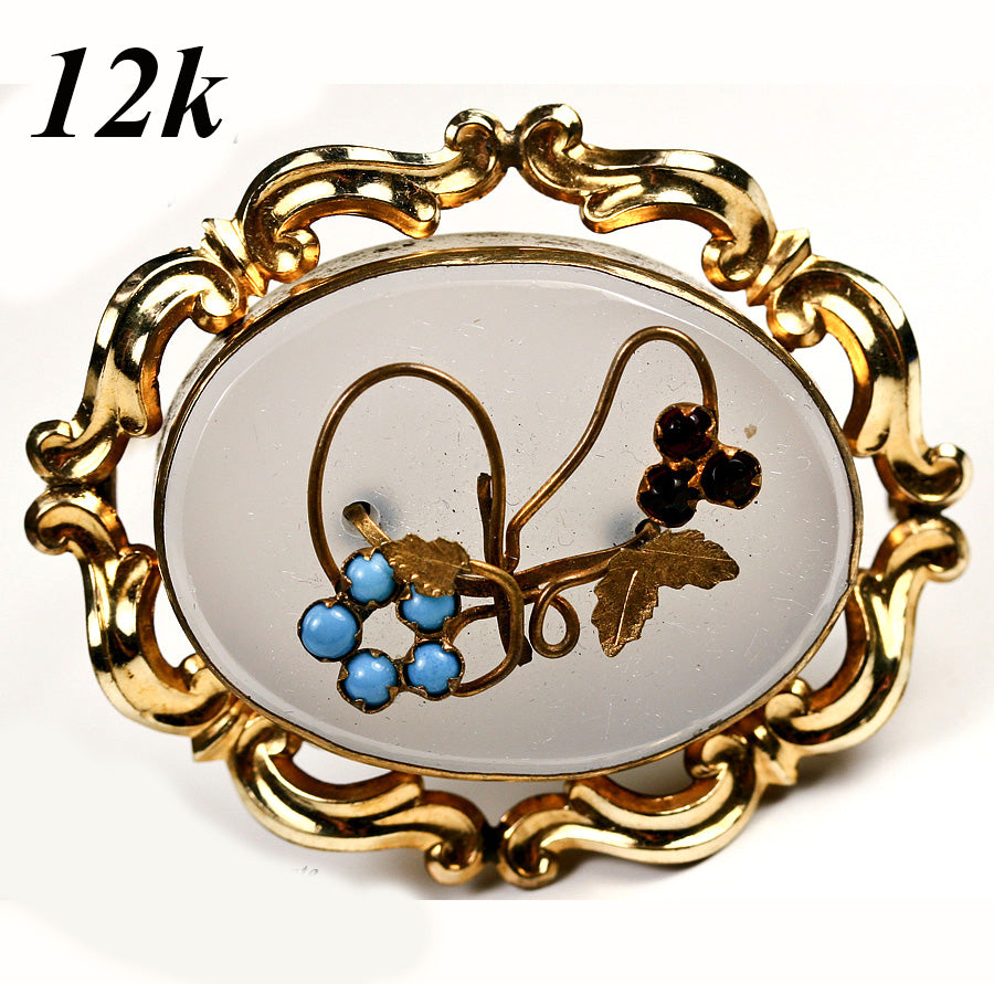 Antique Victorian 12k gold, Chalcedony, Garnet and Persian Turquoise Brooch, 2" x 1.5", EC