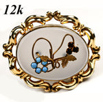 Antique Victorian 12k gold, Chalcedony, Garnet and Persian Turquoise Brooch, 2" x 1.5", EC