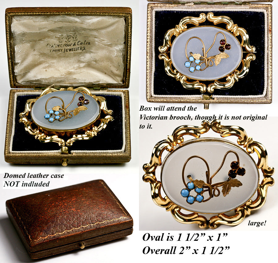 Antique Victorian 12k gold, Chalcedony, Garnet and Persian Turquoise Brooch, 2" x 1.5", EC