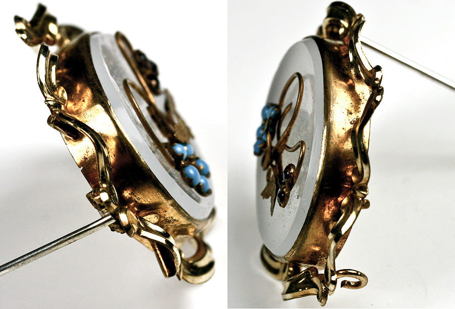 Antique Victorian 12k gold, Chalcedony, Garnet and Persian Turquoise Brooch, 2" x 1.5", EC