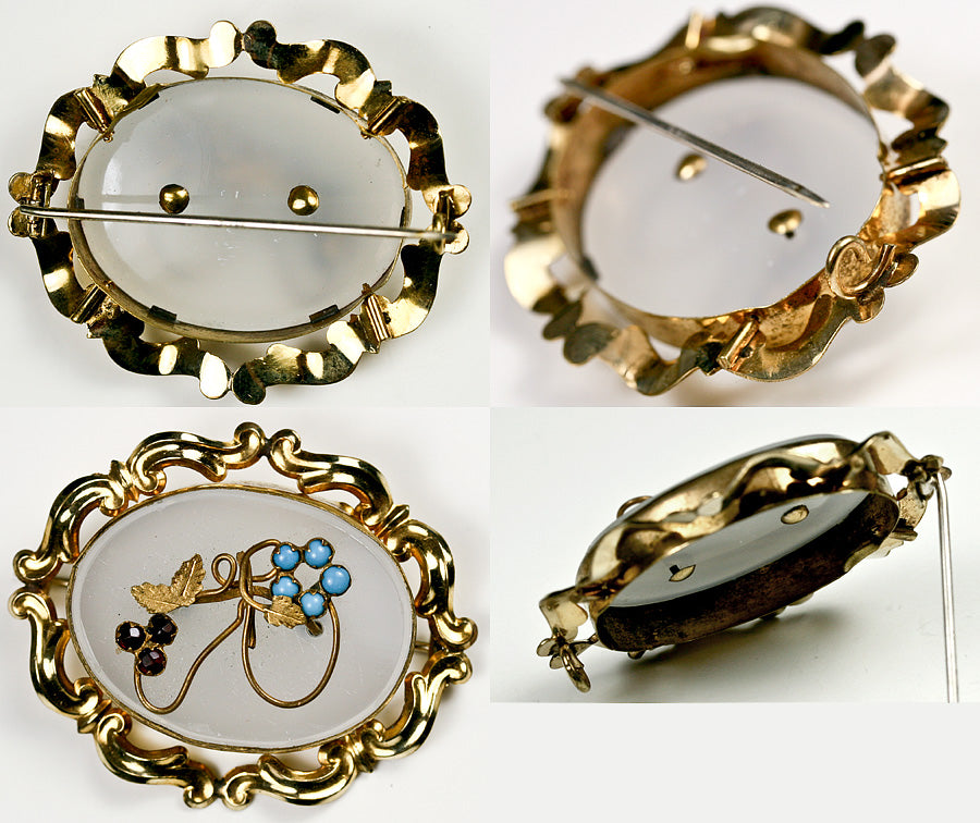 Antique Victorian 12k gold, Chalcedony, Garnet and Persian Turquoise Brooch, 2" x 1.5", EC