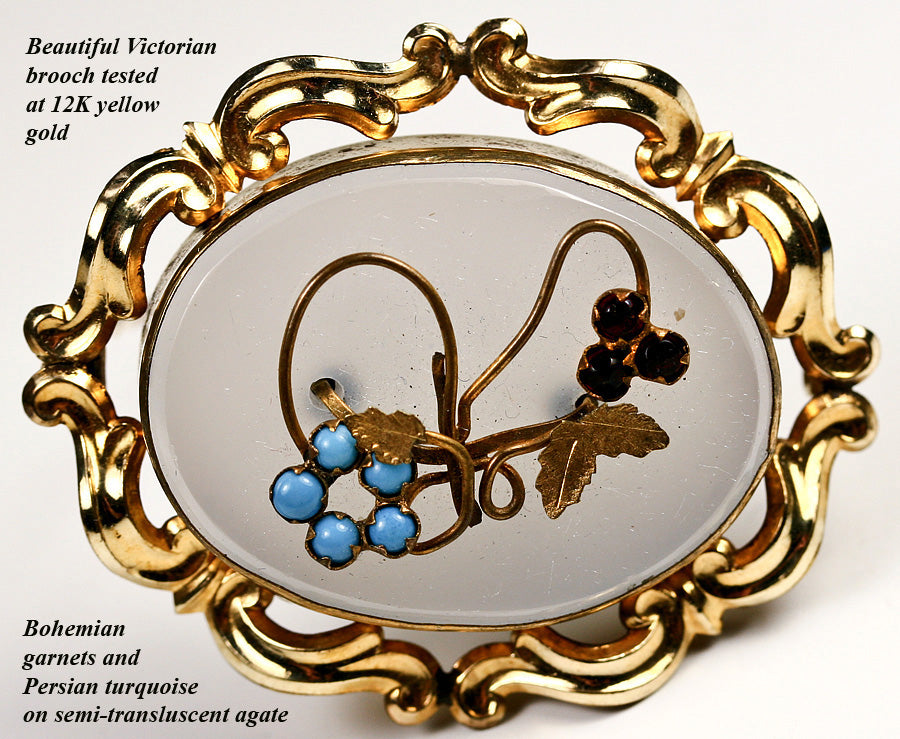 Antique Victorian 12k gold, Chalcedony, Garnet and Persian Turquoise Brooch, 2" x 1.5", EC